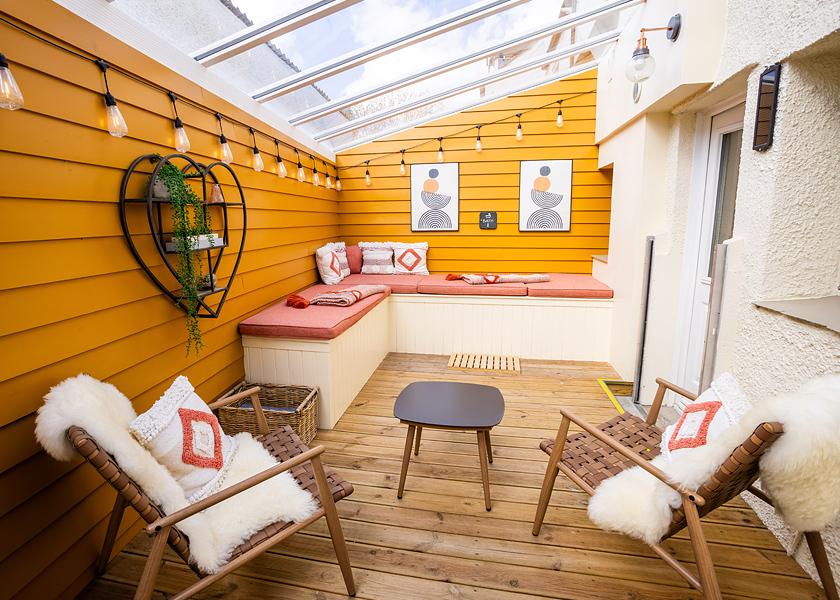 Private courtyard with outdoor bath and seating area